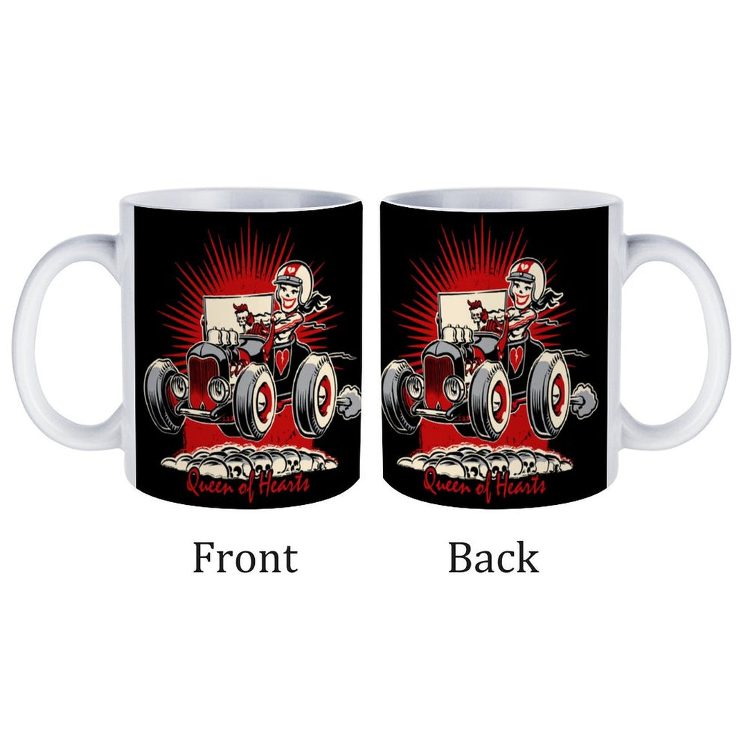 Queen of Hearts white ceramic mug showcasing retro design with a character on both sides, perfect for coffee lovers.