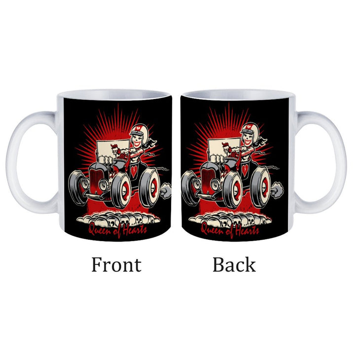 Queen of Hearts white ceramic mug showcasing retro design with a character on both sides, perfect for coffee lovers.