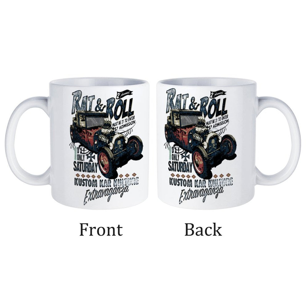Rat & Roll white ceramic mug featuring vintage car design, showcasing front and back views, 16.9 oz capacity.