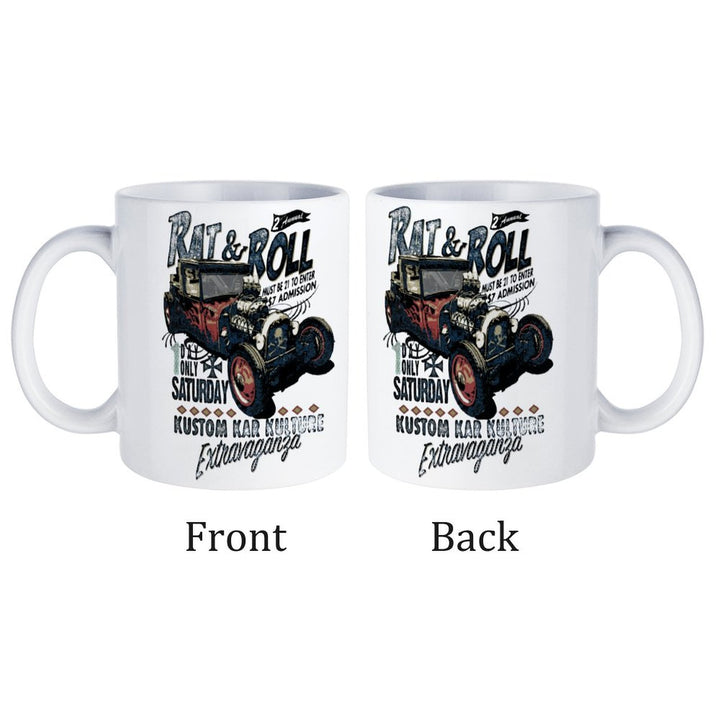 Rat & Roll white ceramic mug featuring vintage car design, showcasing front and back views, 16.9 oz capacity.