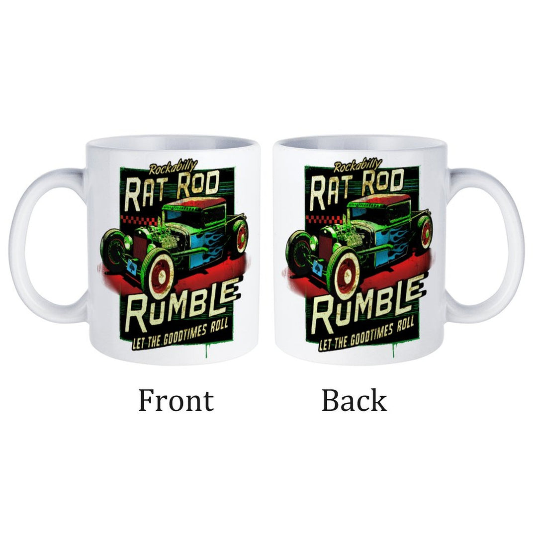 Rat Rod Rumble white ceramic mug displaying vibrant artwork, featuring a vintage car design, shown from the front and back.