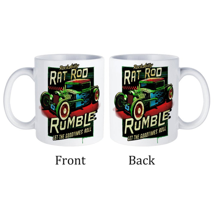 Rat Rod Rumble white ceramic mug displaying vibrant artwork, featuring a vintage car design, shown from the front and back.