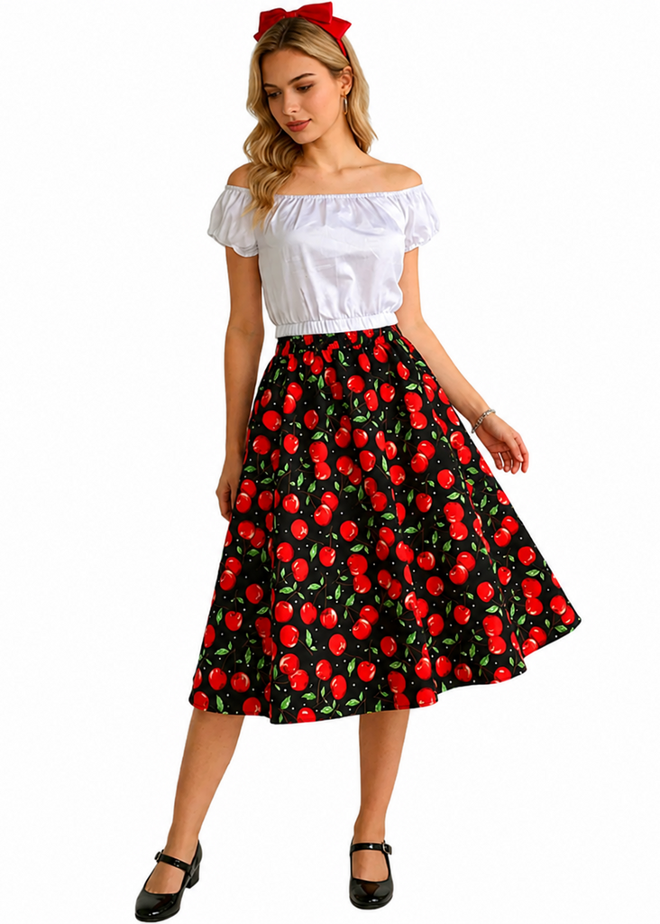 Red Cherry Swing Skirt | High-Waisted Rockabilly Skirt