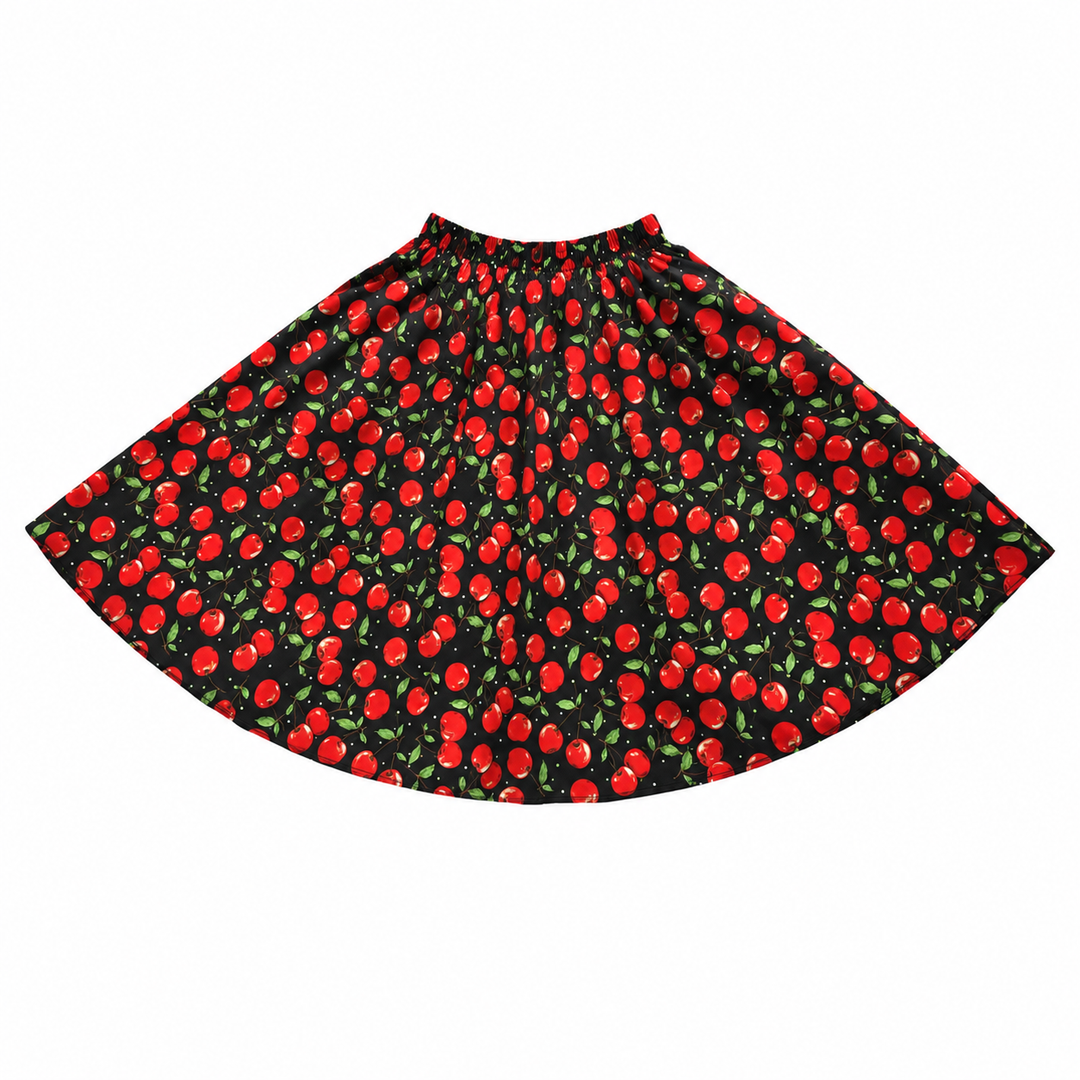 Red cherry print high-waisted flared swing skirt on a white background