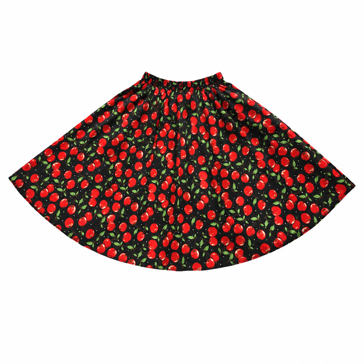 Red cherry print high-waisted flared swing skirt on a white background