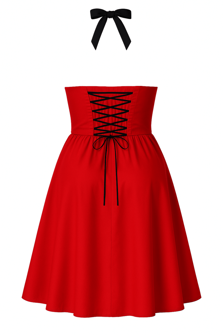 Red Corset Rockabilly Swing Dresses with halter neck and lace-up back in vibrant red color.