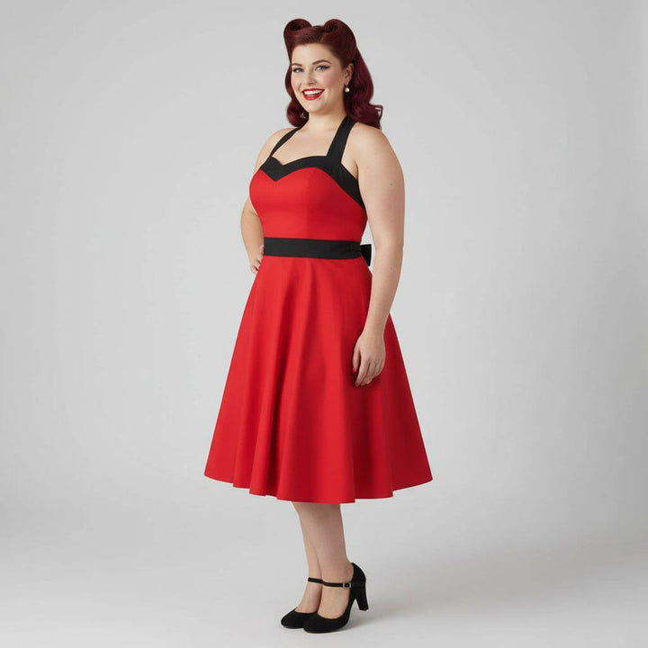 Red Corset Rockabilly Swing Dresses - Vintage 1950s Halter Dress in Red & Black with A-line Style