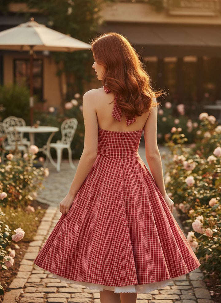 Vintage Red Halter Swing Dress with Pockets