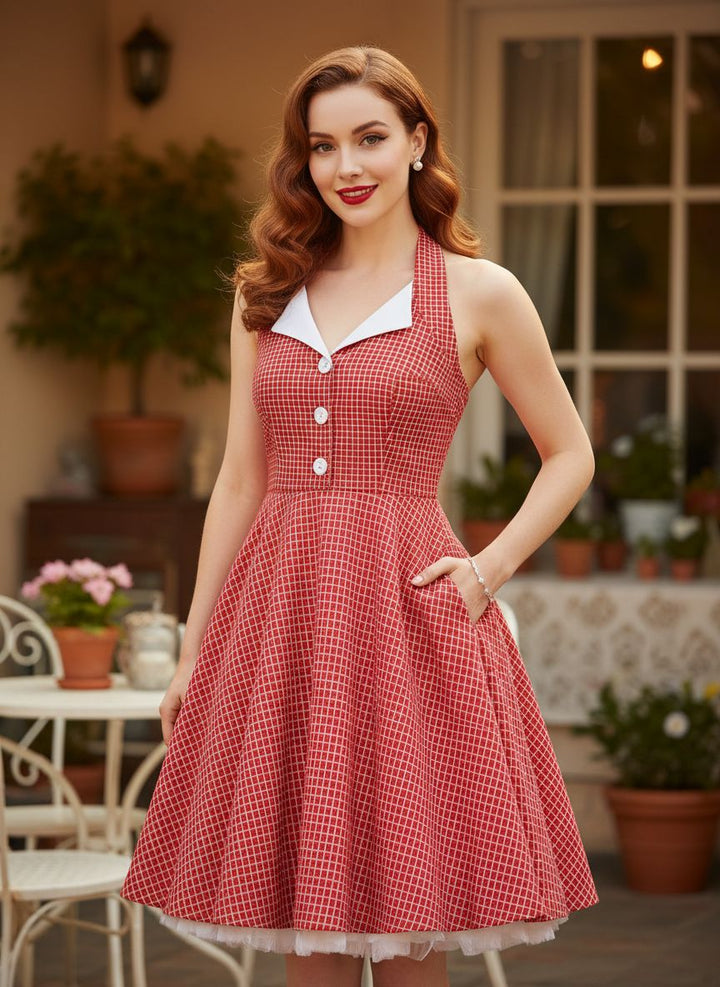 Vintage Red Halter Swing Dress with Pockets