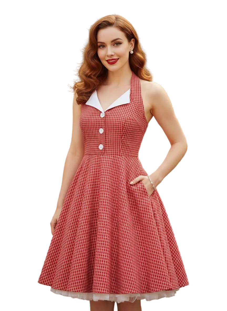 Red vintage-style women’s halter dress with check pattern, button front bodice and full swing skirt
