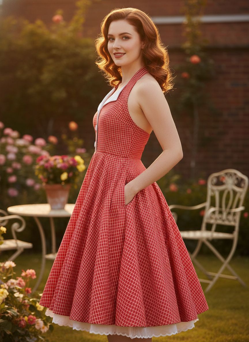 Vintage Red Halter Swing Dress with Pockets