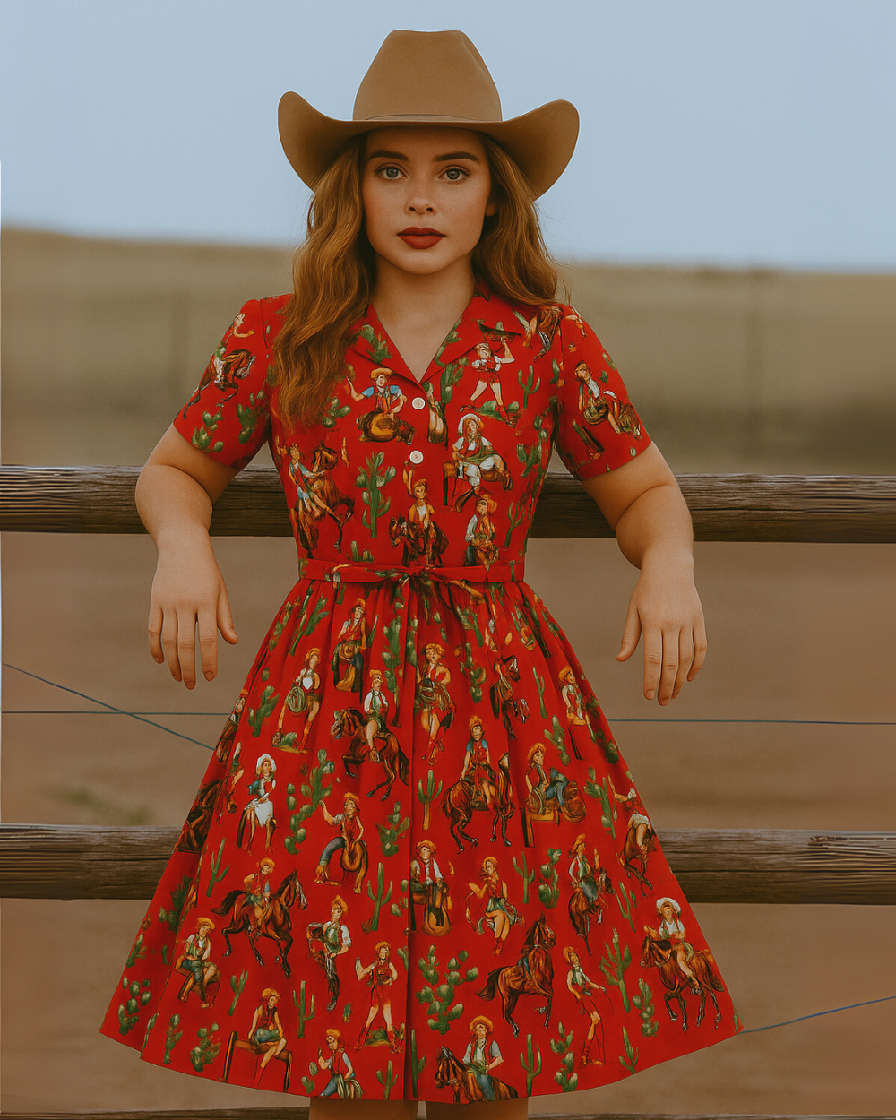 Woman wearing a red dress with a cowboy pattern and a brown hat, standing against a wooden fence.