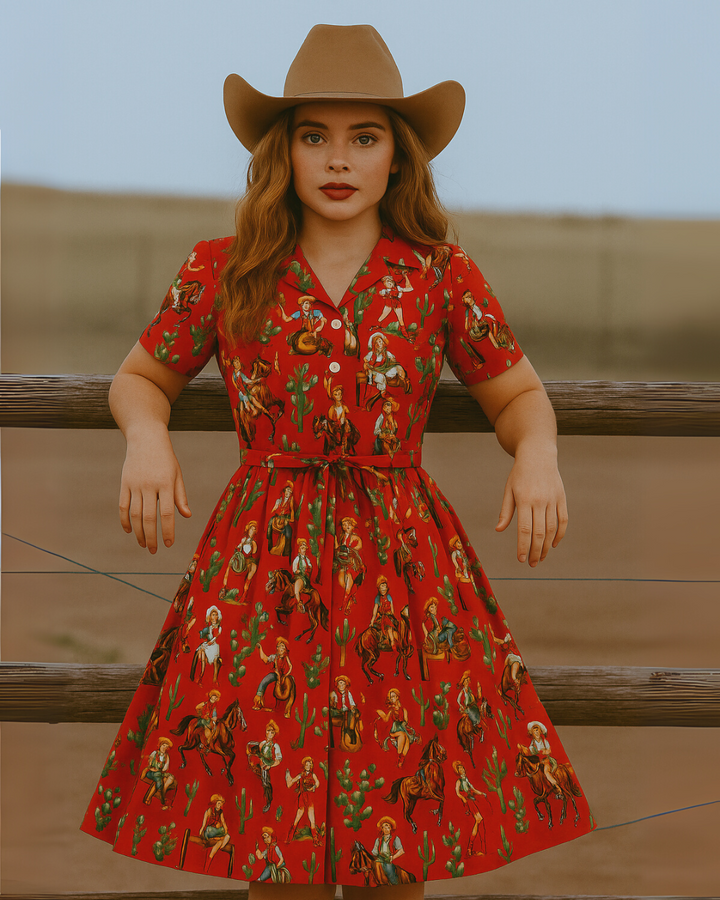 Woman wearing a red dress with a cowboy pattern and a brown hat, standing against a wooden fence.