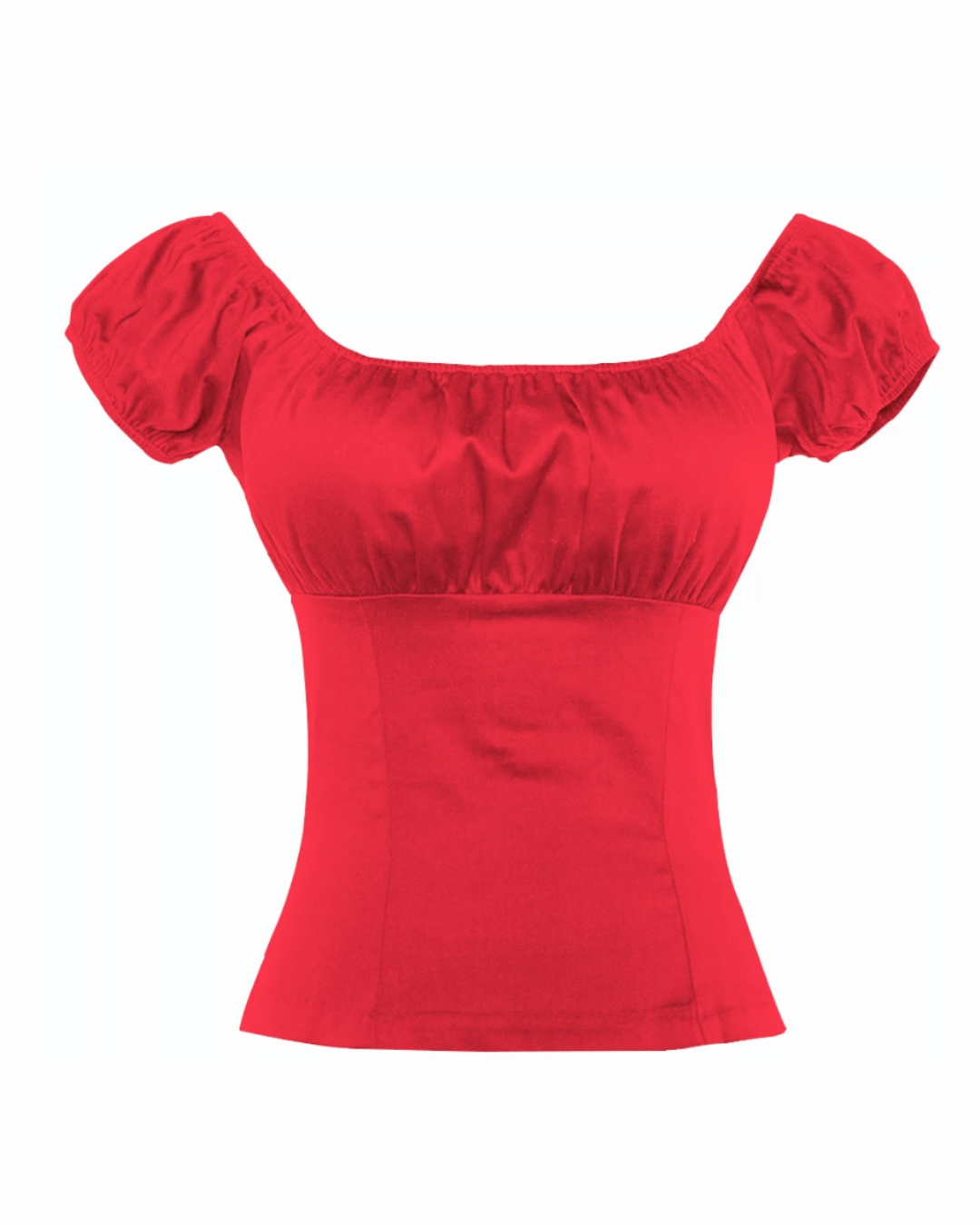 Red peasant style top with puff sleeves, crafted from cotton blend fabric, perfect for adding elegance to any outfit.