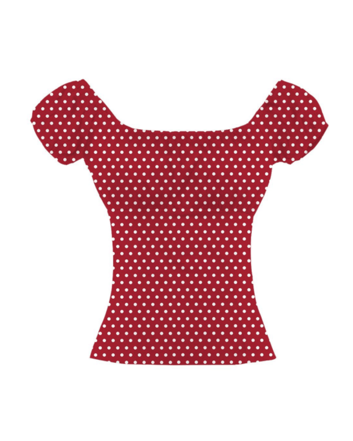 Red polka dot top on a white background