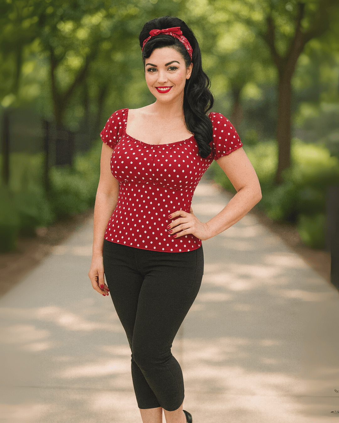 Woman wearing a red polka dot top and black pants standing outdoors on a path with greenery.
