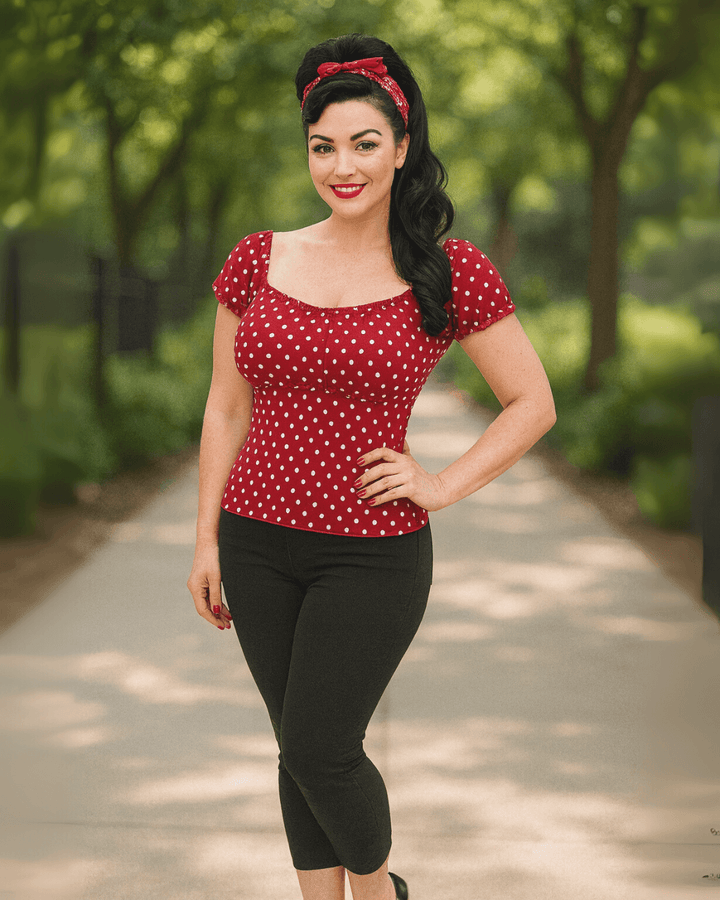 Woman wearing a red polka dot top and black pants standing outdoors on a path with greenery.