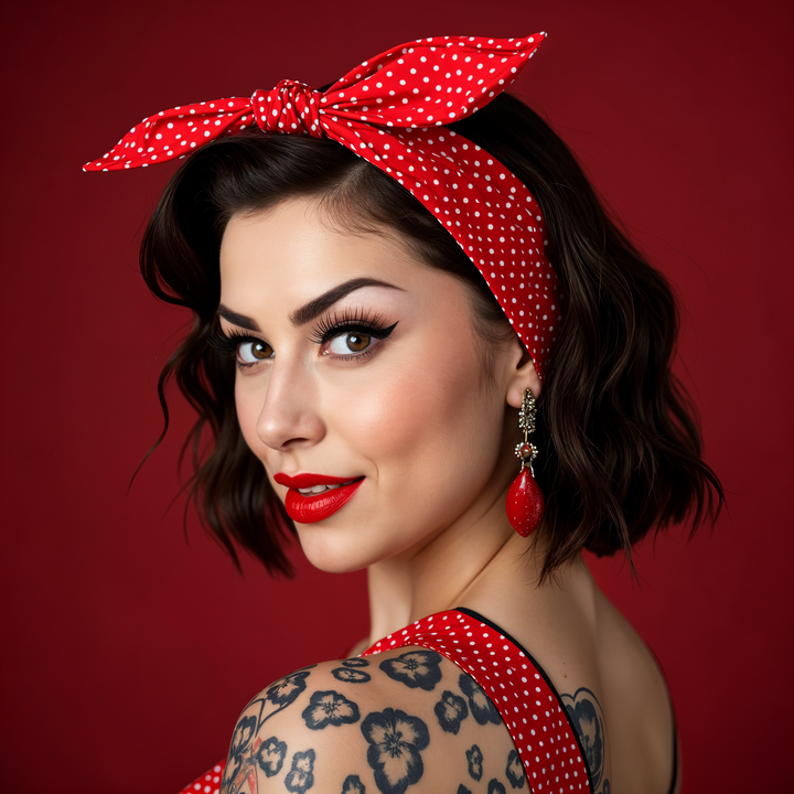Woman modeling a red polka dot wired hair tie with bold makeup and stylish earrings, showcasing rockabilly fashion.
