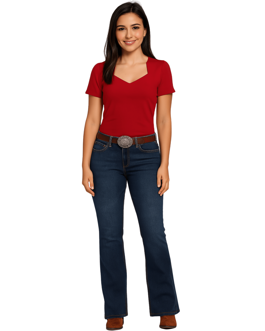 Woman wearing a red shirt and dark blue jeans on a white background