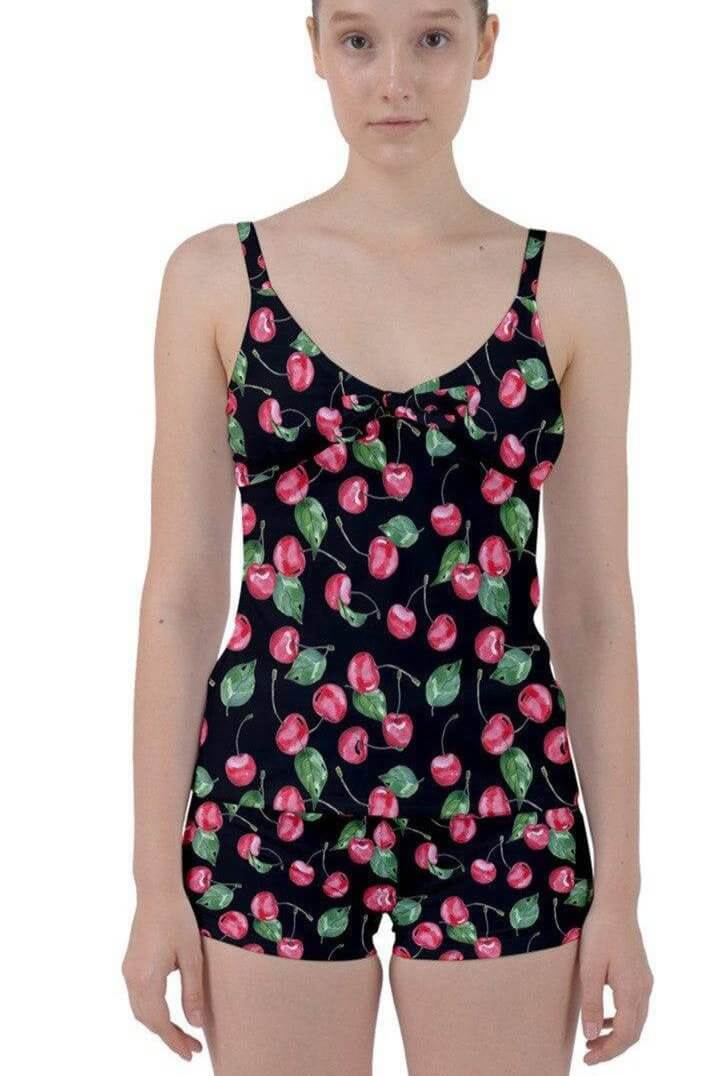 Retro Cherry Print Tankini with tie front design, perfect for summer beach and pool outings, featuring stretchy and lightweight fabric.