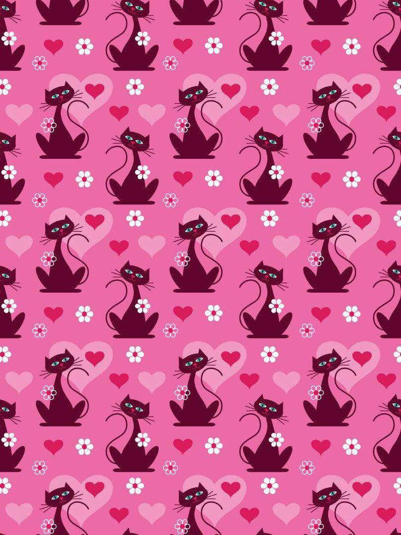 Playful pink pattern featuring silhouette cats with hearts and flowers, perfect for a retro-themed dress.