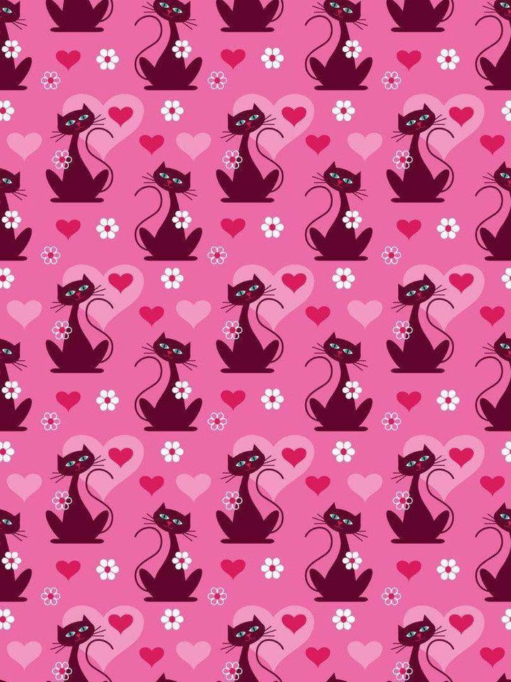 Playful pink pattern featuring silhouette cats with hearts and flowers, perfect for a retro-themed dress.