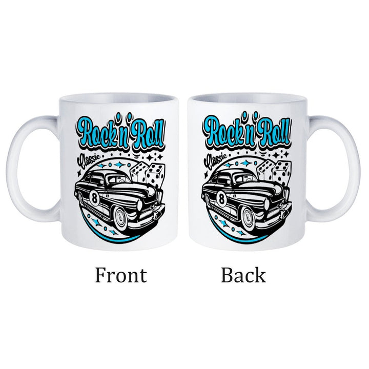 Rock n Roll Classic White Mug featuring vintage car design, showcasing both front and back views.