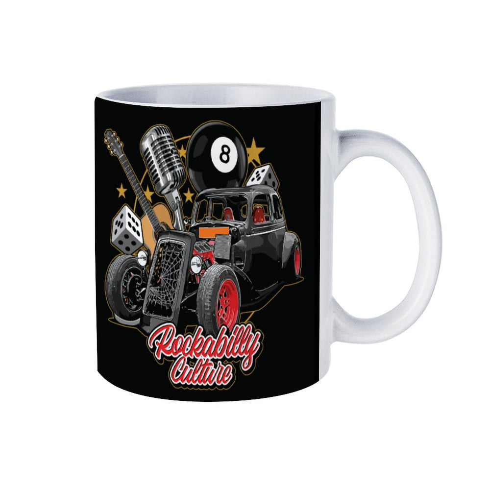 Rockabilly Culture white mug featuring retro car and microphone design, perfect for coffee enthusiasts.
