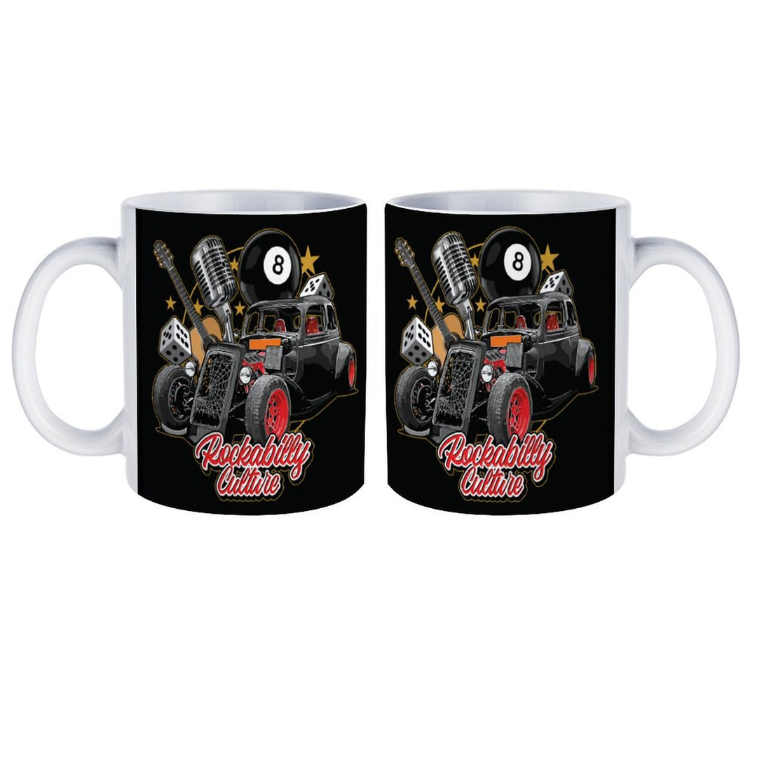 Rockabilly culture themed retro coffee mug featuring a custom design with a vintage car and musical elements.