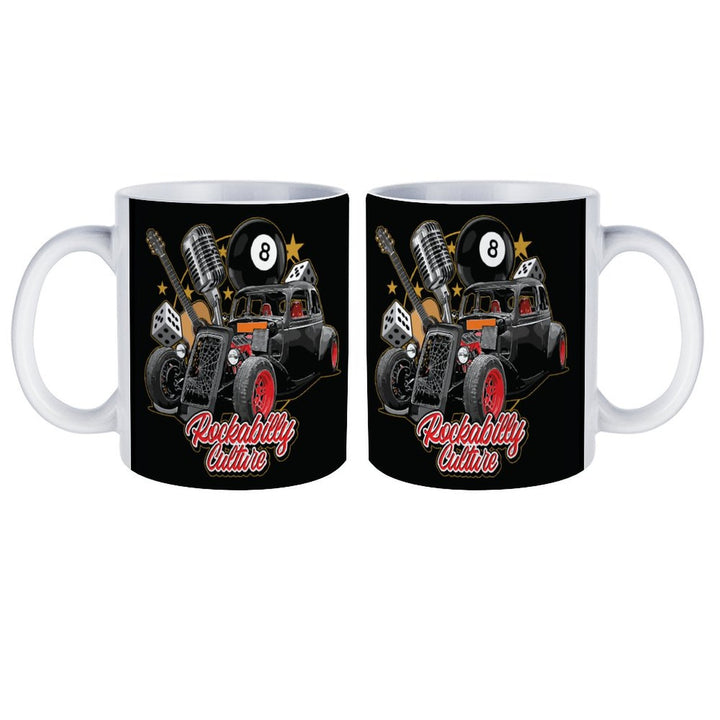Rockabilly culture themed retro coffee mug featuring a custom design with a vintage car and musical elements.