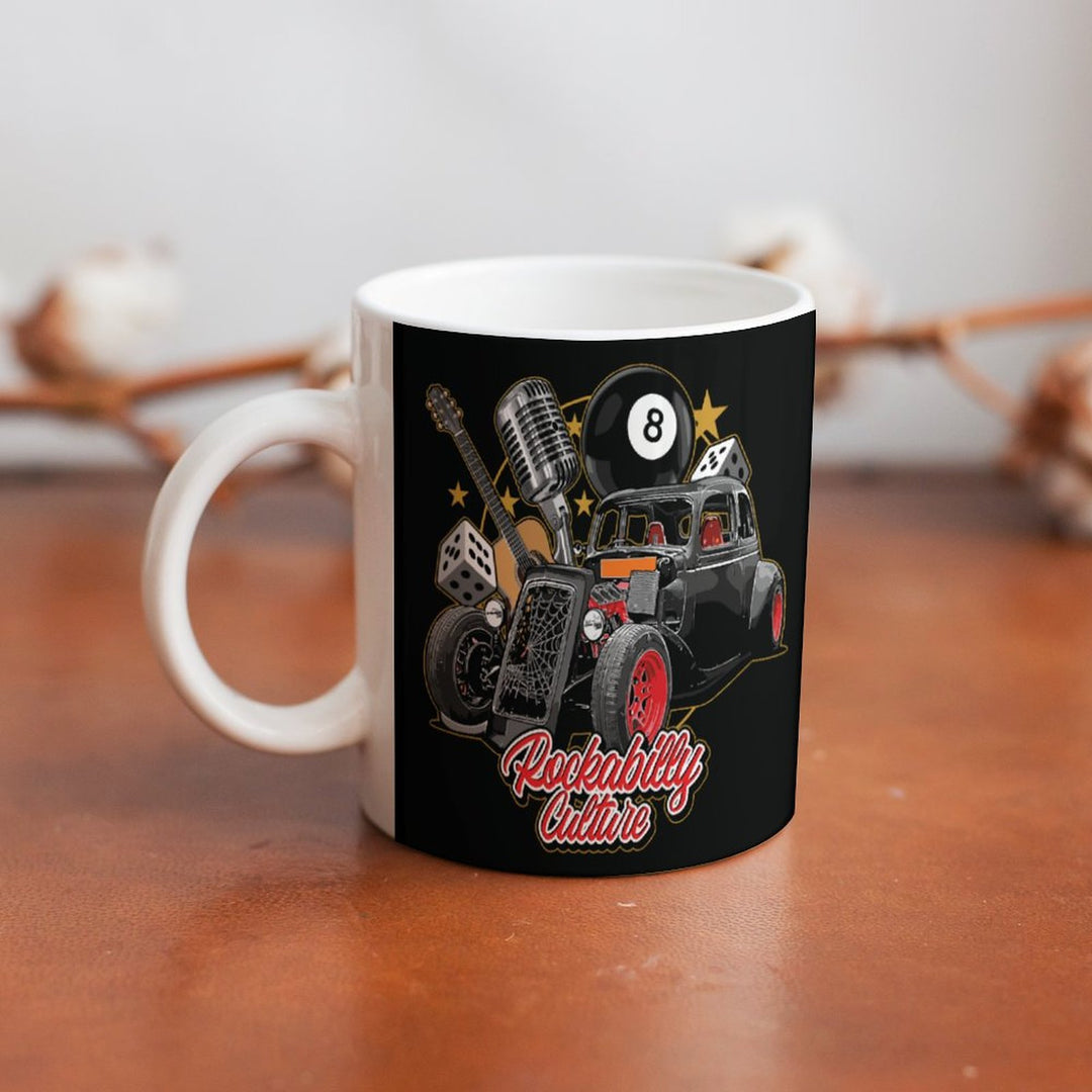Retro coffee mug featuring Rockabilly Culture design with a classic car, microphone, and pool balls.