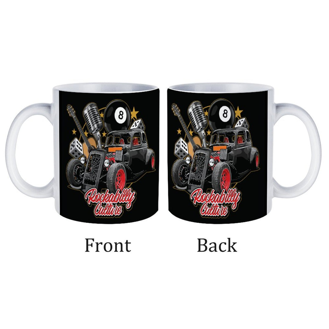 Rockabilly Culture white ceramic mug featuring retro car design, showcasing both front and back views, perfect for coffee lovers.