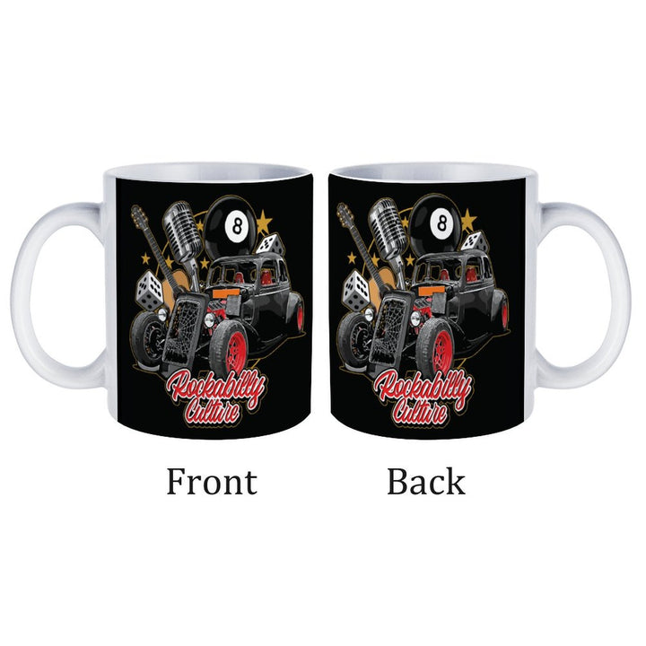 Rockabilly Culture white ceramic mug featuring retro car design, showcasing both front and back views, perfect for coffee lovers.