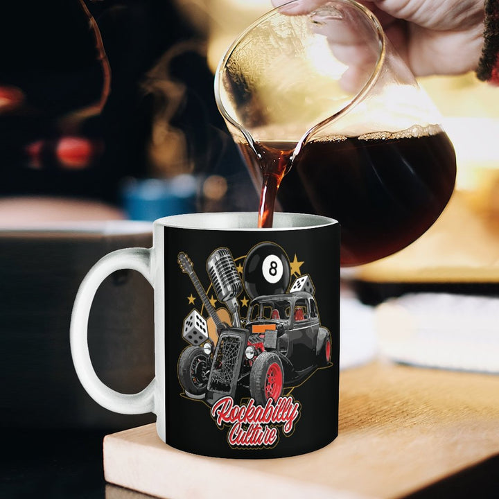 Rockabilly culture white mug with retro design, being filled with coffee, perfect for vintage coffee lovers.