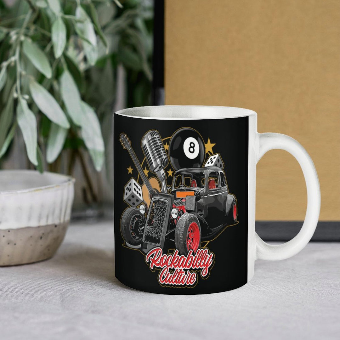 Rockabilly Culture white mug featuring retro design with vintage car, microphone, and musical elements.
