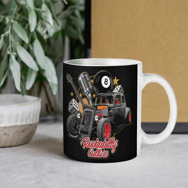 Rockabilly Culture white mug featuring retro design with vintage car, microphone, and musical elements.