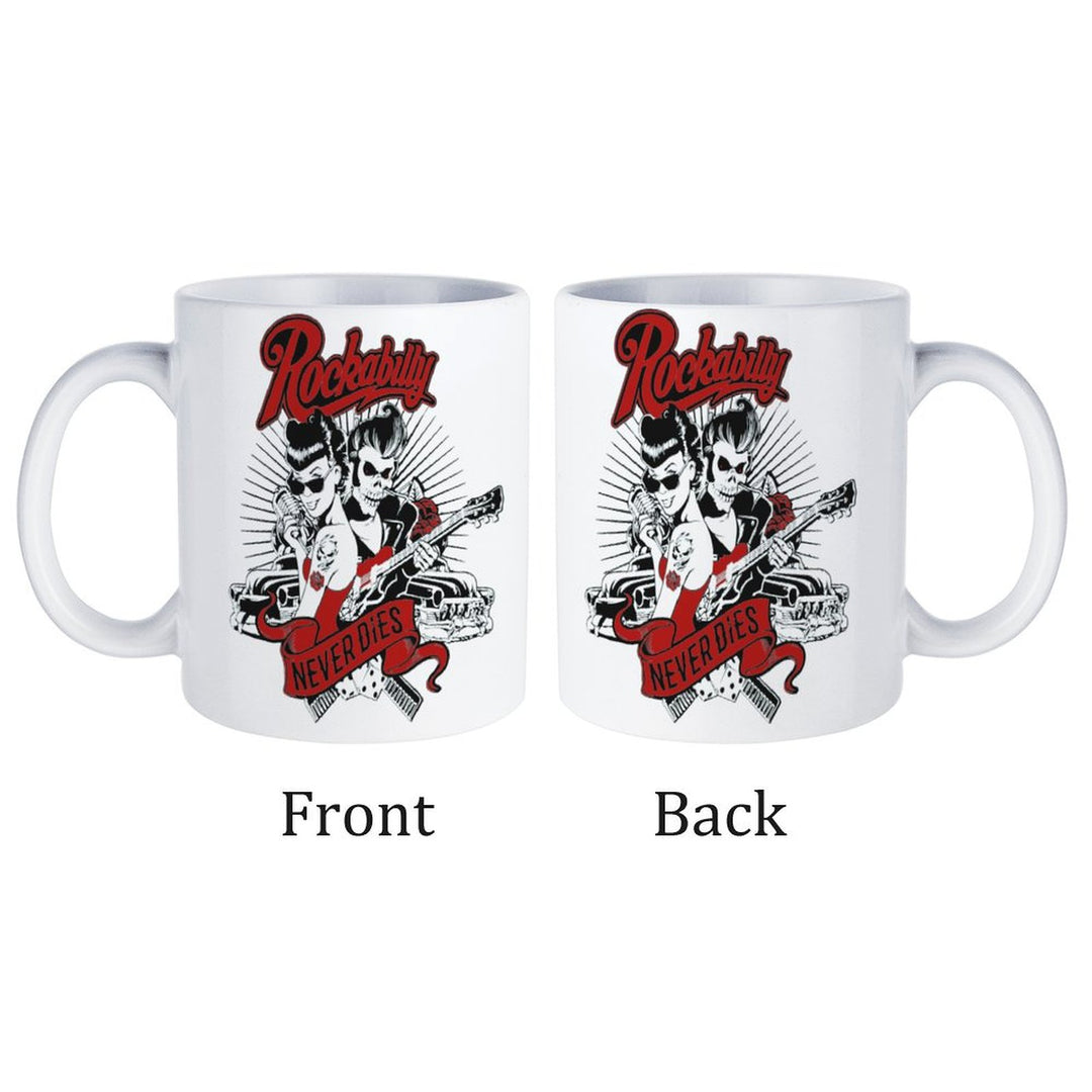 Rockabilly Never Dies white ceramic mug showcasing front and back designs featuring rockabilly theme and guitars.