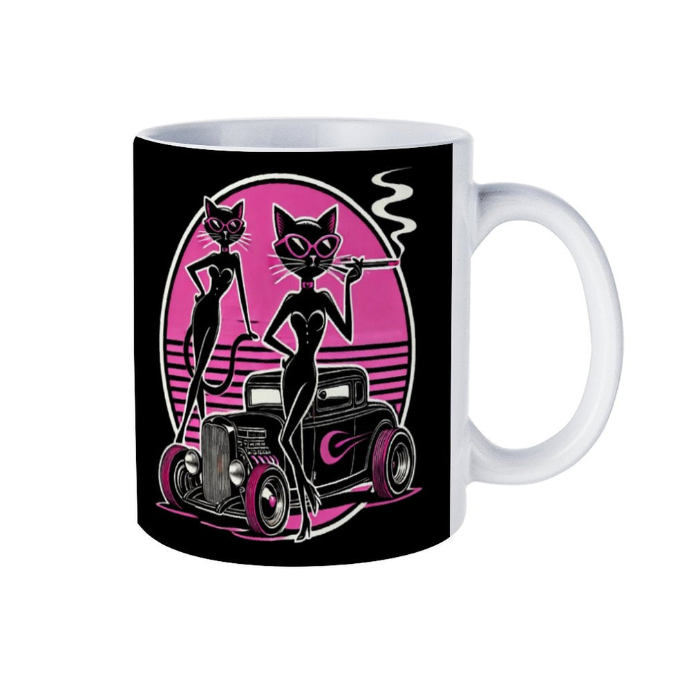 Retro style black ceramic mug featuring two chic cats with sunglasses and a vintage car design.