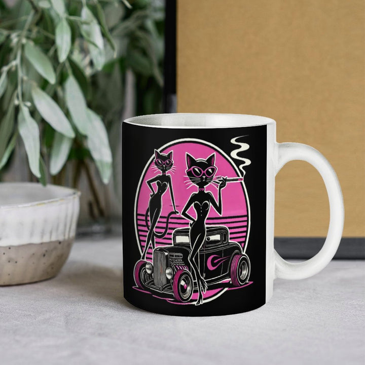 Slay All Day, Bite All Night white retro coffee mug featuring two stylish cats by a classic car design.