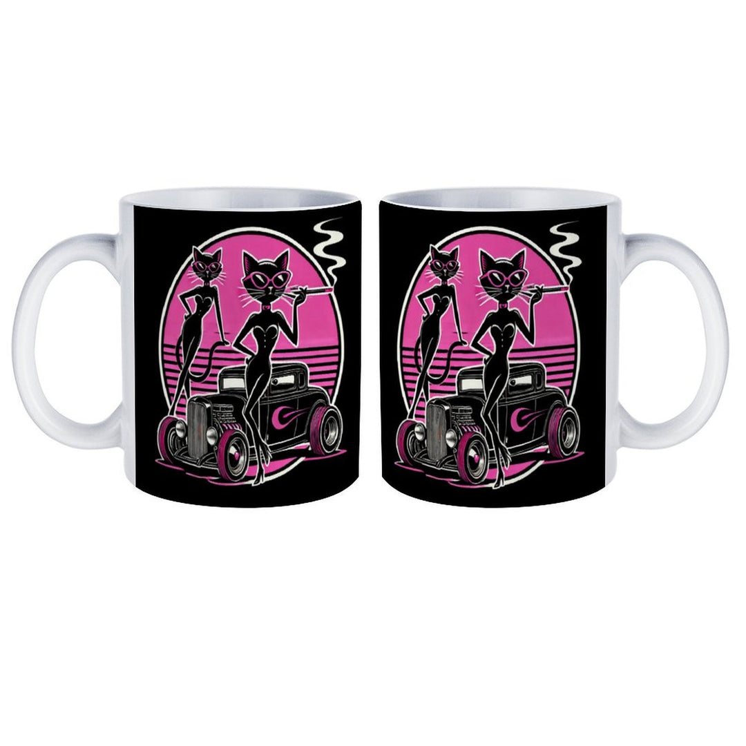 Retro coffee mug featuring stylish cats and a vintage car design in black and pink.