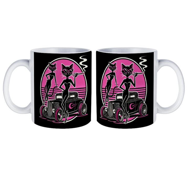 Retro coffee mug featuring stylish cats and a vintage car design in black and pink.
