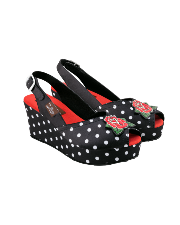 Hot Chocolate Design - Rockabilly Sandal featuring black polka dots and rose embellishments.