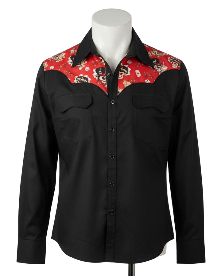 Black shirt with red and patterned collar on a mannequin against a white background
