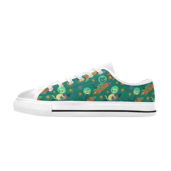 Rocket Cats Kids Sneakers featuring colorful retro space cats on a vibrant canvas design.
