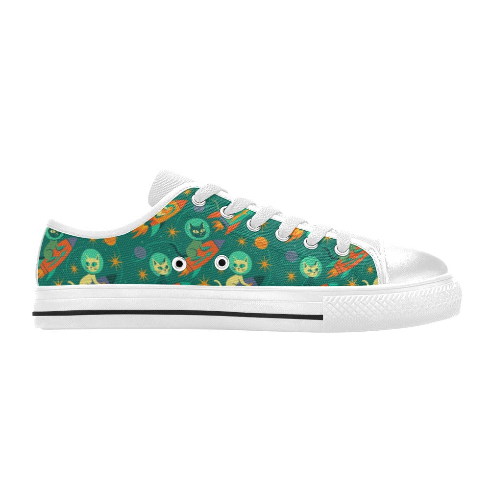 Rocket Cats Kids Sneakers with retro space cats design on a vibrant green canvas.