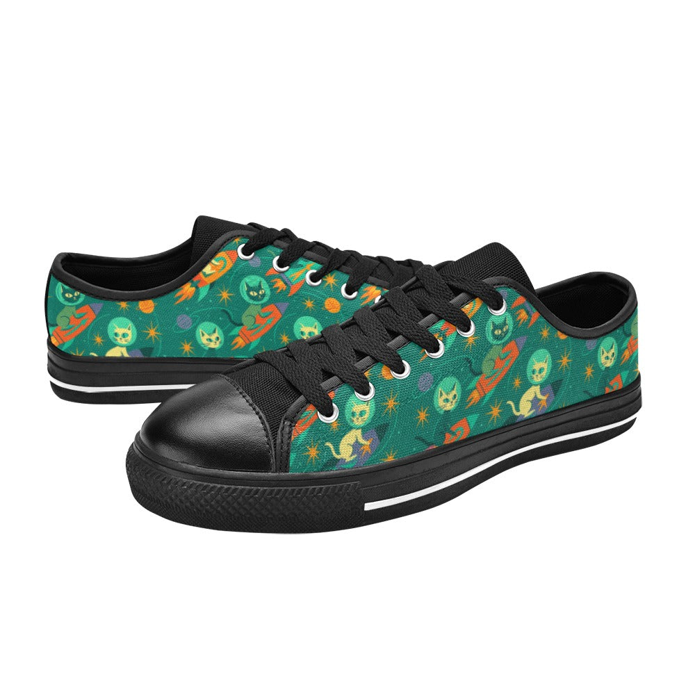 Rocket Cats Kids Sneakers(B) featuring retro space cats design with rocket ships on canvas sneakers.