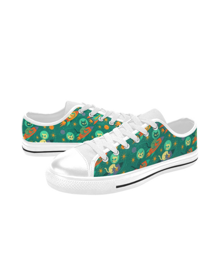 Rocket Cats Kids Sneakers featuring retro space cats and rocket ships on a vibrant canvas design.