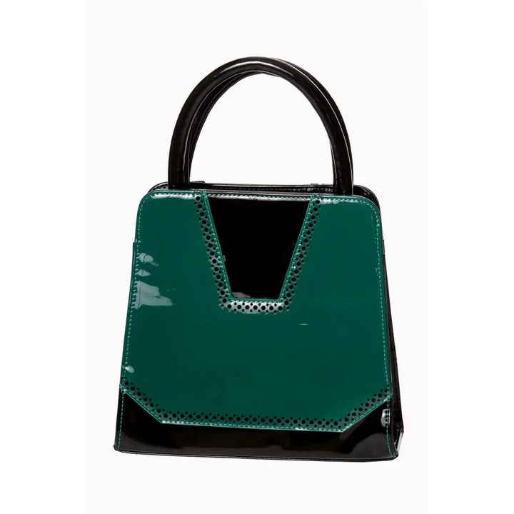 Teal retro-chic handbag with glossy finish and bow detail, perfect for everyday use and stylish outings.
