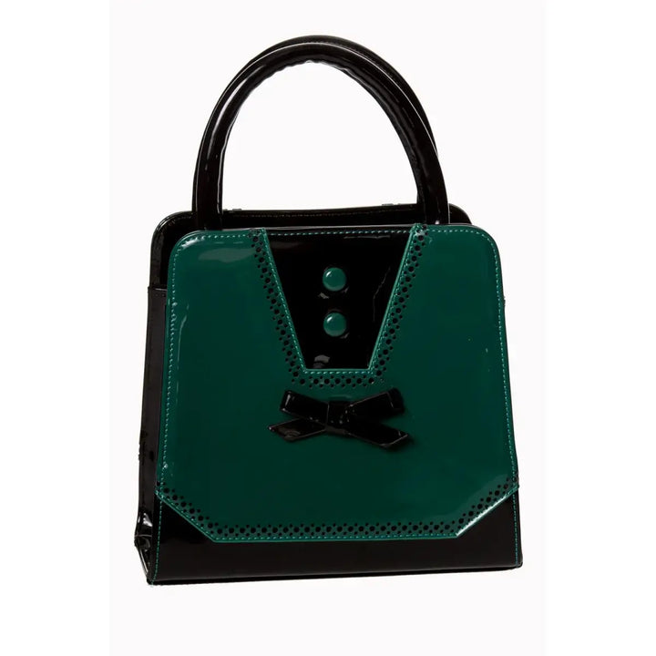 Retro-chic teal handbag with black accents, bow detail, and glossy patent finish, perfect for stylish everyday use.