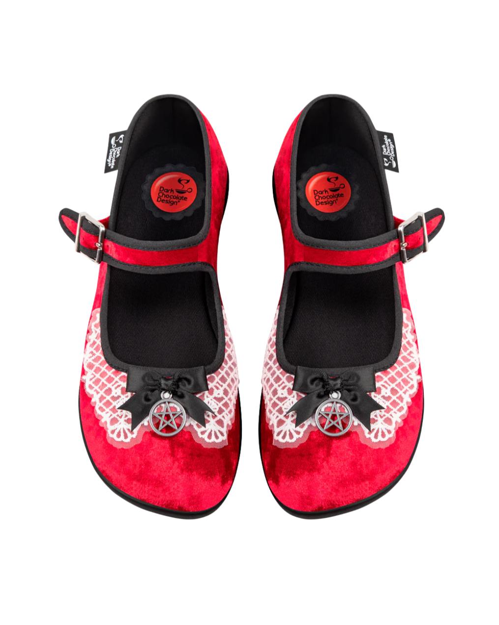 Red and black shoes with lace details on a white background
